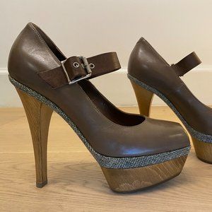 Marni Taupe Leather Mary Jane Wooden Platform Pumps (Size 36) - Brand New No Box